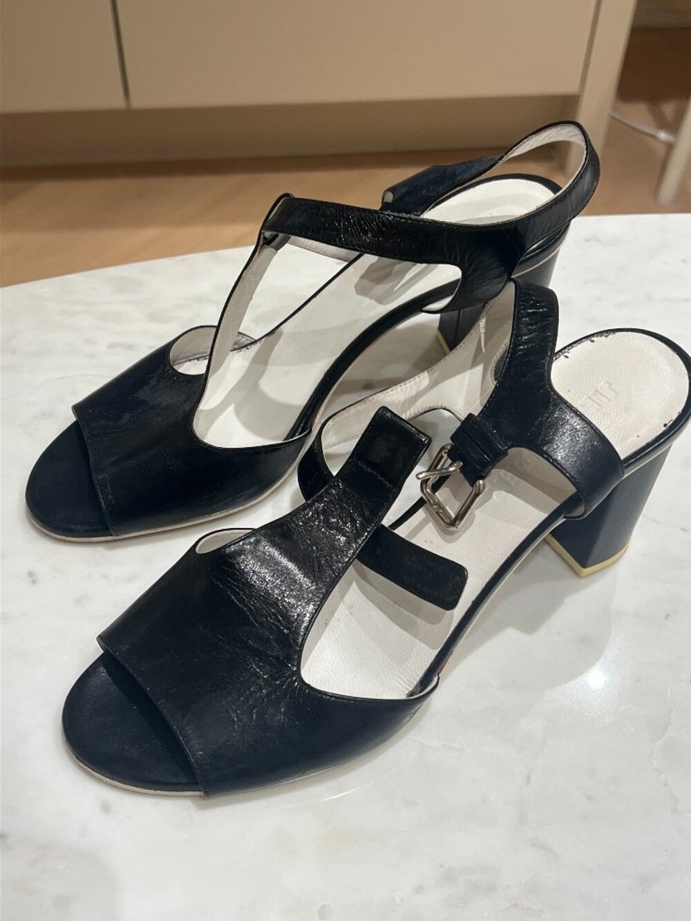 Jil Sander Vintage Black Leather T-Strap Block Heel Sandals, Size 38